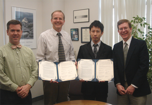 "From the left, Dr. M. Asplund (Assistant Professor, BYU), Prof. P. B. Farnsworth (Department Chairman, BYU), Dr. N. Shirahata (Senior Researcher, NIMS), and Dr. M. R. Linford (Associate Professor, BYU)" Image