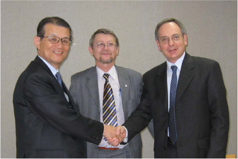 "Signing Ceremony at NIMS. Form left: Prof. Teruo Kishi, President of NIMS, Prof. István Bársony, Director of MFA, and Prof. György Mihály, Head of Doctoral Commission of BME. The agreement was also signed by Prof. Gábor Péczeli, Rector Magnificus of BME" Image