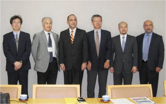 "From Left: Mr. Masahiro Takemura (G.M. at I.A.O. NIMS), Dr. Tetsuji Noda (Vice-President of NIMS), H.E.Mr. Jesse CHACÓN Escamillo( The Venezuelan Minister), Mr. Ryo Kimura ( Vice-President of NIMS), Mr. Seiko Luis ISHIKAWA Kobayashi (Embassy of the Bolivarian Republic of Venezuela in Japan) and Dr. Freddy BRITO (President of the National Center for Development and Investigation in Telecommunications)" Image