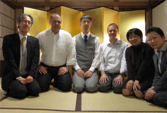 "From left:Dr. Seiji Kuroda, Managing Director of the NIMS Hybrid Materials Center, Dr. Lorenz Granrath, representative of the Fraunhofer Representative Office Japan, Dr. Nils Nissen, Director of the Department of Environmental Engineering of the IZM, Dr. Lutz Stobbe, a Fraunhofer researcher, and Group Leader Naoe Hosoda and Senior Researcher Akitsu Shigetou, both of the Hybrid Materials Center." Image