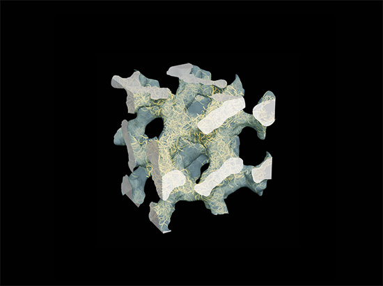 "A schematic view of a mesoporous polymer. Polymer assemblies in nanofiber form with pores of 10 to 20 nm in diameter are branched in a sophisticated fashion to create a minute three-dimensional network structure. The yellow lines represent assemblies of polymer chains that form nanofibers." Image