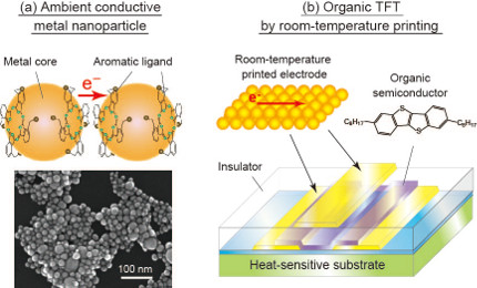 "Figure 1: Ambient conductive metal nanoparticles and an organic transistor created in this research(a) Schematic and a scanning electron micrograph of ambient conductive metal nanoparticles. By using conductive aromatic ligands, the nanoparticles exhibit conductivity matching that of metal by room-temperature drying.(b) Schematic of an organic TFT formed by a room-temperature printing process. Since all layers of the TFT can be formed without raising the temperature by even 1°C, non-heat-resistant materials can also be used as substrates. It also exhibits extremely high mobility compared to conventional organic TFTs." Image