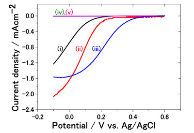 "Figure 3: The current response due to the oxygen reduction reaction as a function of potential observed by the rotating disk electrode in the oxygen-saturated sulfuric acid aqueous solution: (i) gold electrode; (ii) gold-BN nanotube electrode; (iii) gold-BN nanosheet electrode; (iv) carbon electrode; (v) carbon-BN nanosheet electrode" Image