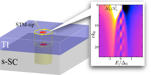 "Figure: Schematic of Majorana particles localized inside the core of quantum vortex of a topological superconductor and the distribution of density of states of superconducting quasiparticle excitations based on the theoretical calculations." Image