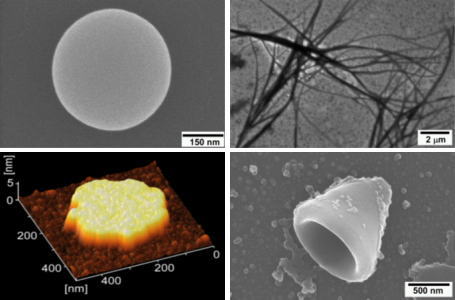 「得られたナノ素材。上段左から球状、ファイバー状、下段左からディスク状、コーン状。全て一種類のフラーレンからできている。」の画像