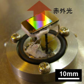 「プレス資料中の: 開発した赤外光源。虹色に見えるのが周期的な溝が刻まれた赤外光放射表面である。」の画像