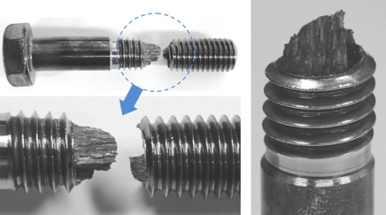 「破断箇所 (き裂が伝播しにくい壊れ方) 図1 (a) 開発した六角ボルト (M12)  ボルト製品の引張強度=1848MPa」の画像