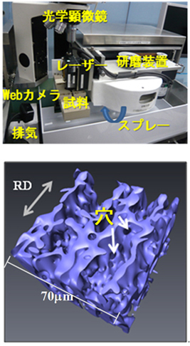 「プレス資料中の図1(上) Genus_3Dの内部構造(下) フェライト-マルテンサイトDP7)組織の3D像」の画像