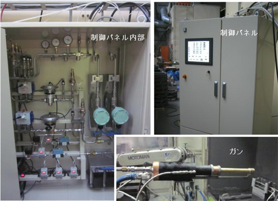 「プレス資料中の図3 : 開発された高圧型ウォームスプレー装置の外観。制御パネル内には流量制御バルブ等が収納されPC制御による自動化を実現、全自動で着火し所定の窒素ガス混合状態に到達・維持する機能を有する。」の画像