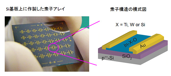 「プレス資料中の図1:試作した酸化膜トランジスタの外観写真および素子構造の模式図。」の画像