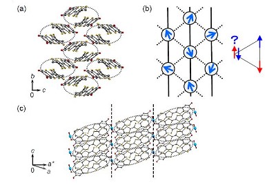 「プレスリリースの図1 :    本物質κ-H3(Cat-EDT-TTF)2の(a)二次元bc面における二量化したCat-EDT-TTF)分子配列。(b)スピン1/2をもつ分子二量体を頂点とした異方的ニ次元三角格子。スピンに反強磁性的な相互作用があると、スピンはお互いにの反対向きになろうとする。三角格子で2つのスピン (赤と青矢印) がお互いに反対向きに配列すると、3つ目のスピンはどちらを向いてよいかわからない (エネルギー的に不安定な状態となる) 。このフラストレーション効果は、スピンが秩序状態になることを抑制する。(c) 有機分子の二次元層が水素結合で連結された結晶構造。青丸が水素原子。」の画像