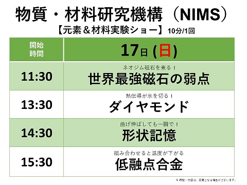 開始時間と実験ショータイトル 11:30 ネオジム磁石を煮る！「世界最強磁石の弱点」 13:30 超伝導が氷を切る！「ダイヤモンド」 14:30 曲げ伸ばしても一瞬で！「形状記憶」 15:30 組み合わせると温度が下がる「低融点合金」